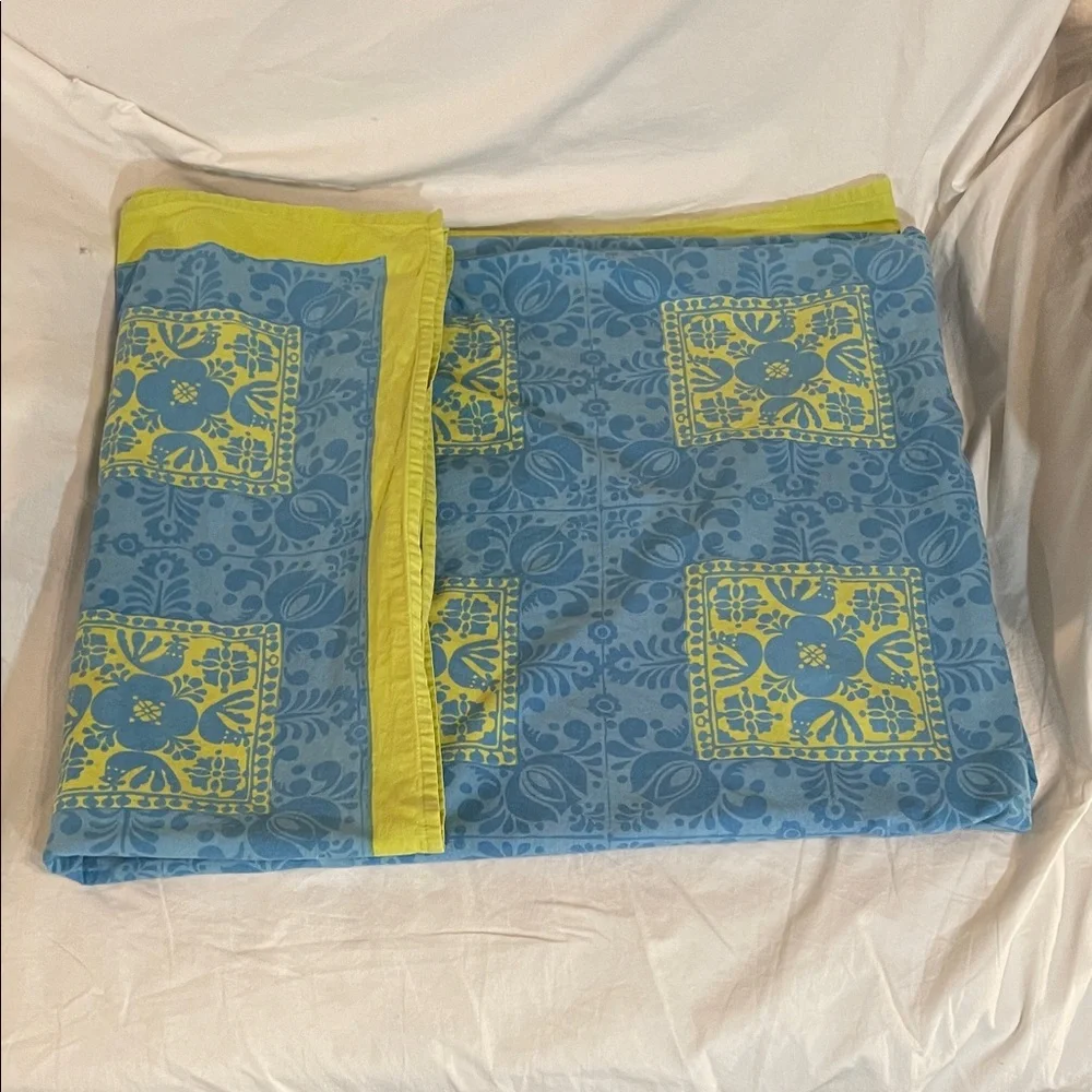 Vintage Williams Sonoma tablecloth Blue and Lime Block print tablecloth.